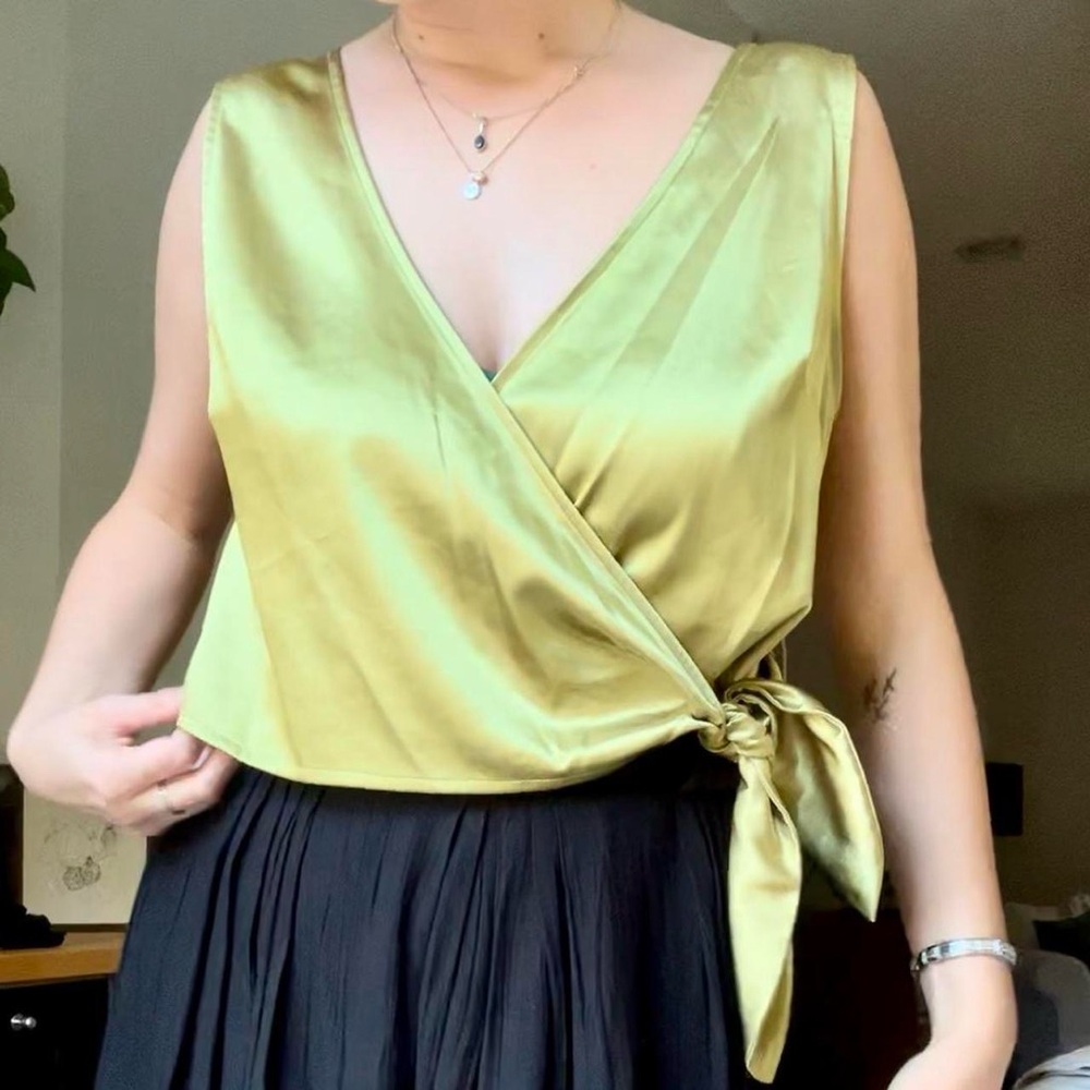 Topshop Chartreuse Satin Wrap Tie Top Size 10